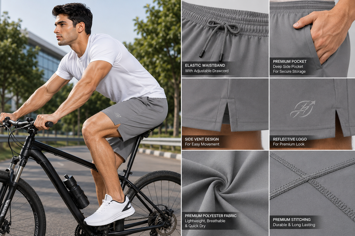 ABVI Men's Light Grey Dry-Fit Sports Shorts | Gym, Running & Casual Wear
