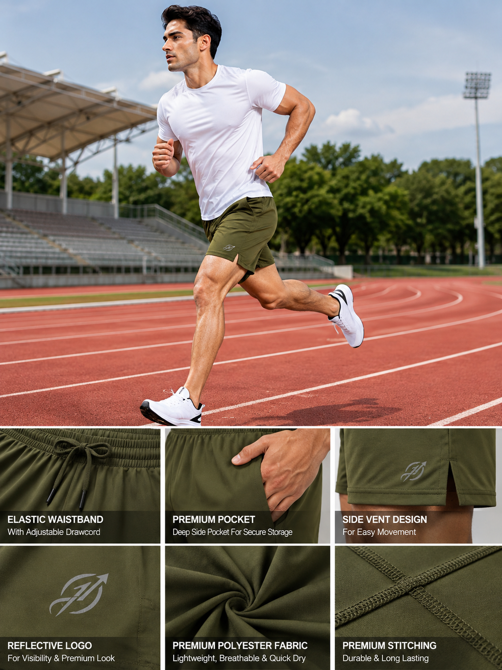ABVI Men's Olive Green Dry-Fit Sports Shorts | Gym, Running & Casual Wear