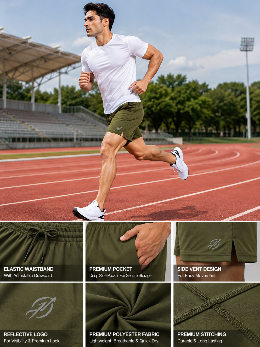 ABVI Men's Olive Green Dry-Fit Sports Shorts | Gym, Running & Casual Wear