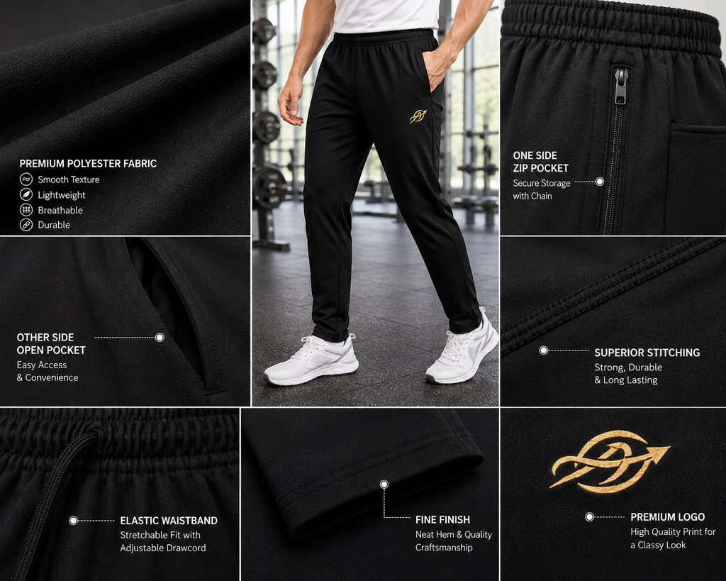 ABVI Men's Black Regular Fit Jogger Trackpants | Zip Pockets | Gym & Casual