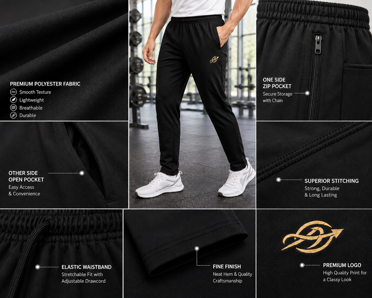 ABVI Men's Black Regular Fit Jogger Trackpants | Zip Pockets | Gym & Casual