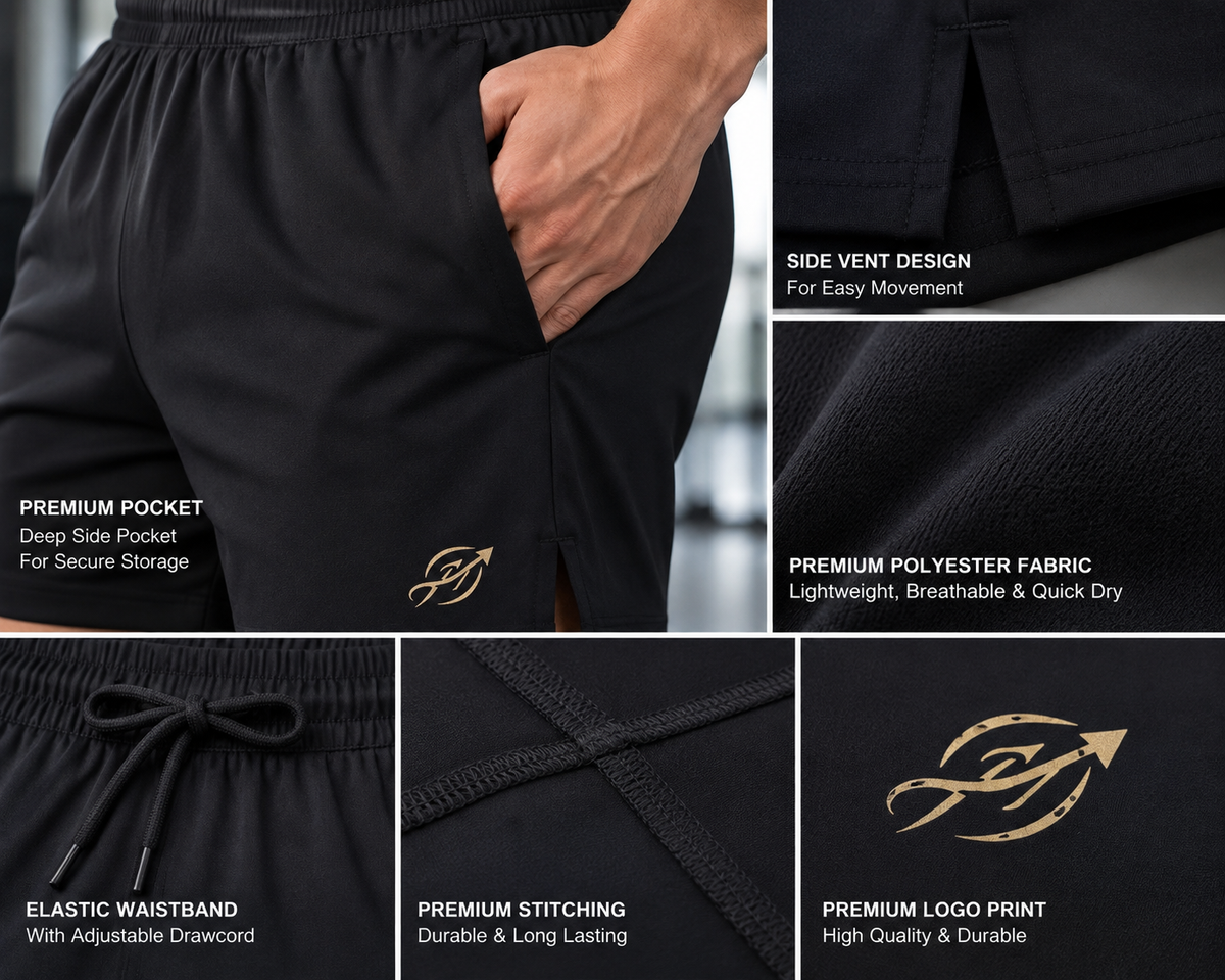 ABVI Men's Black Dry-Fit Sports Shorts | Gym, Running & Casual Wear