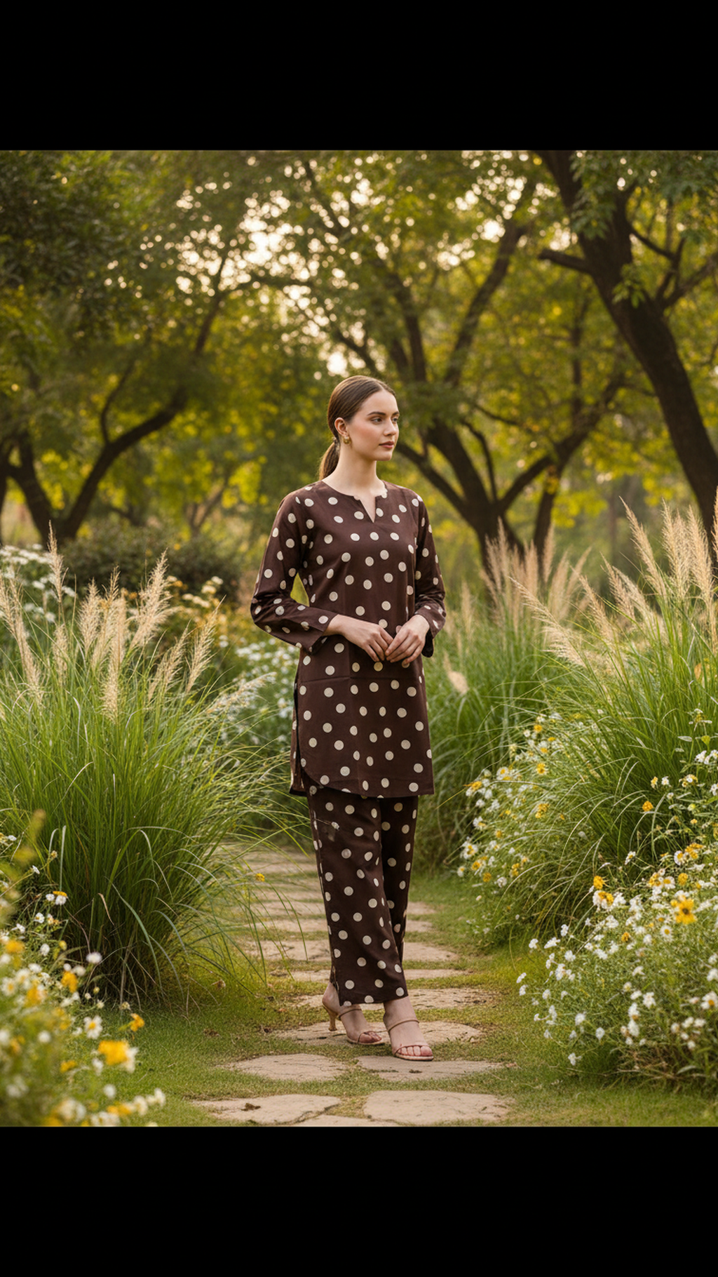 ABVI Women's Cotton Poplin Polka Dot Co-ord Set | Brown & Ivory | Kurta & Pants