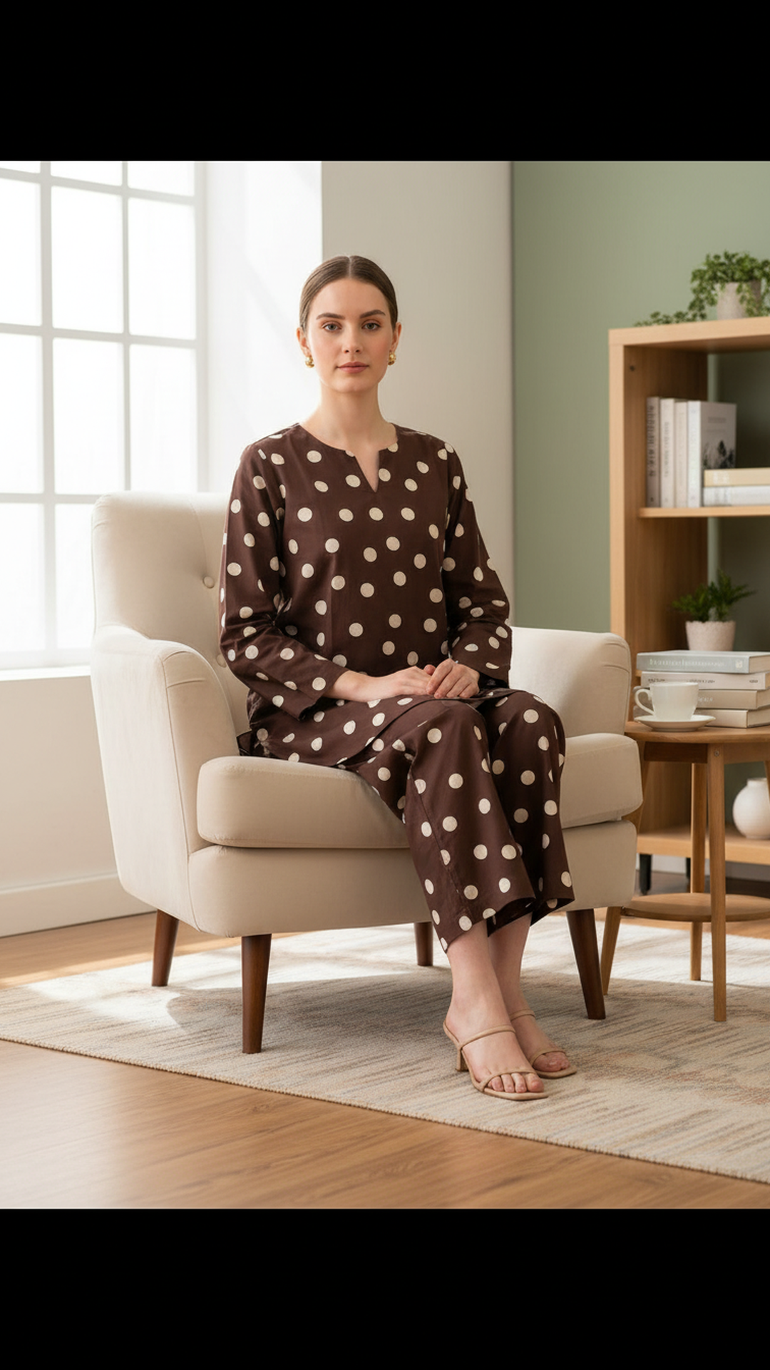 ABVI Women's Cotton Poplin Polka Dot Co-ord Set | Brown & Ivory | Kurta & Pants