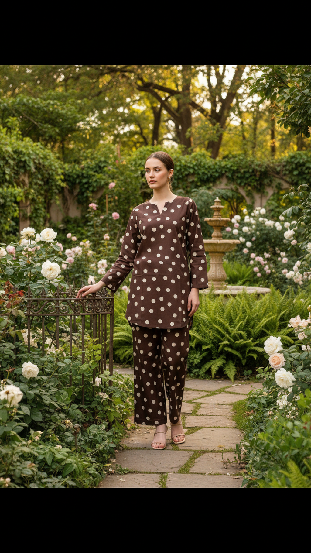 ABVI Women's Cotton Poplin Polka Dot Co-ord Set | Brown & Ivory | Kurta & Pants