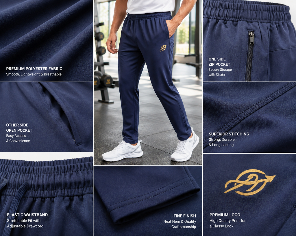 ABVI Men's Navy Blue Regular Fit Jogger Trackpants | Zip Pockets | Gym & Casual