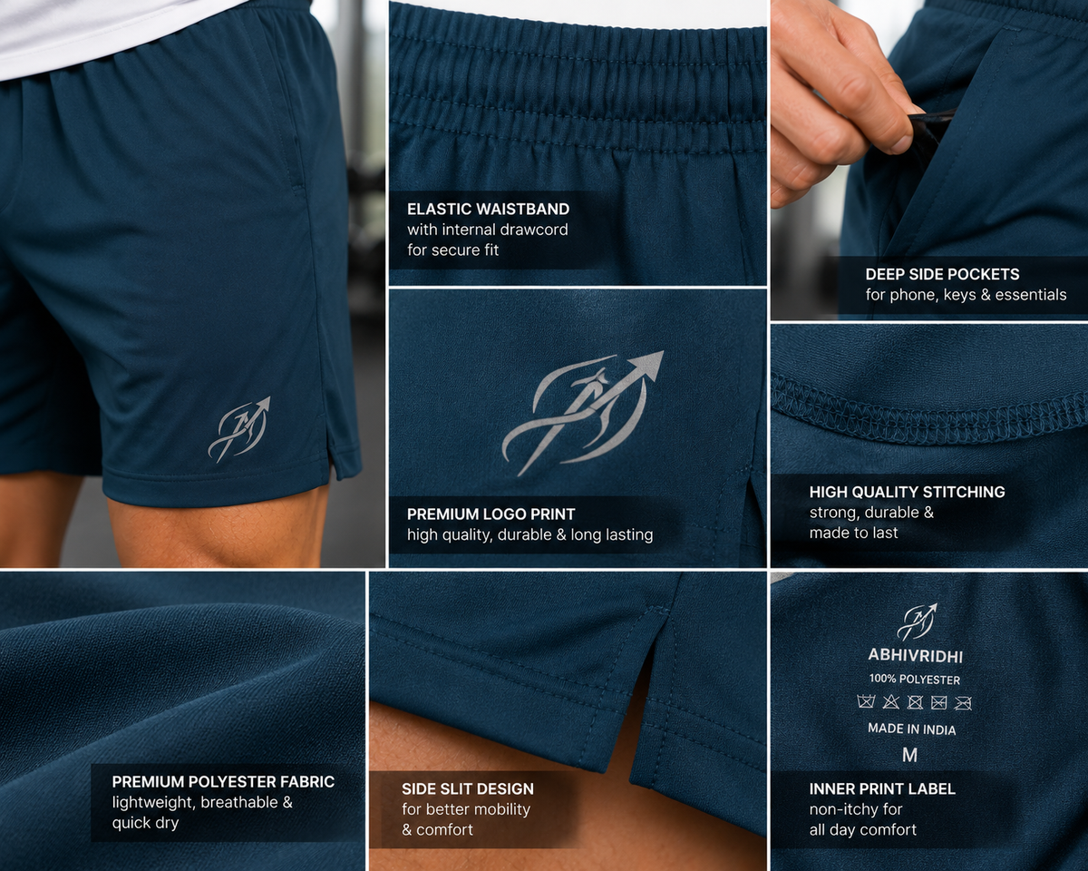 ABVI Men's Navy Blue Dry-Fit Sports Shorts | Gym, Running & Casual Wear